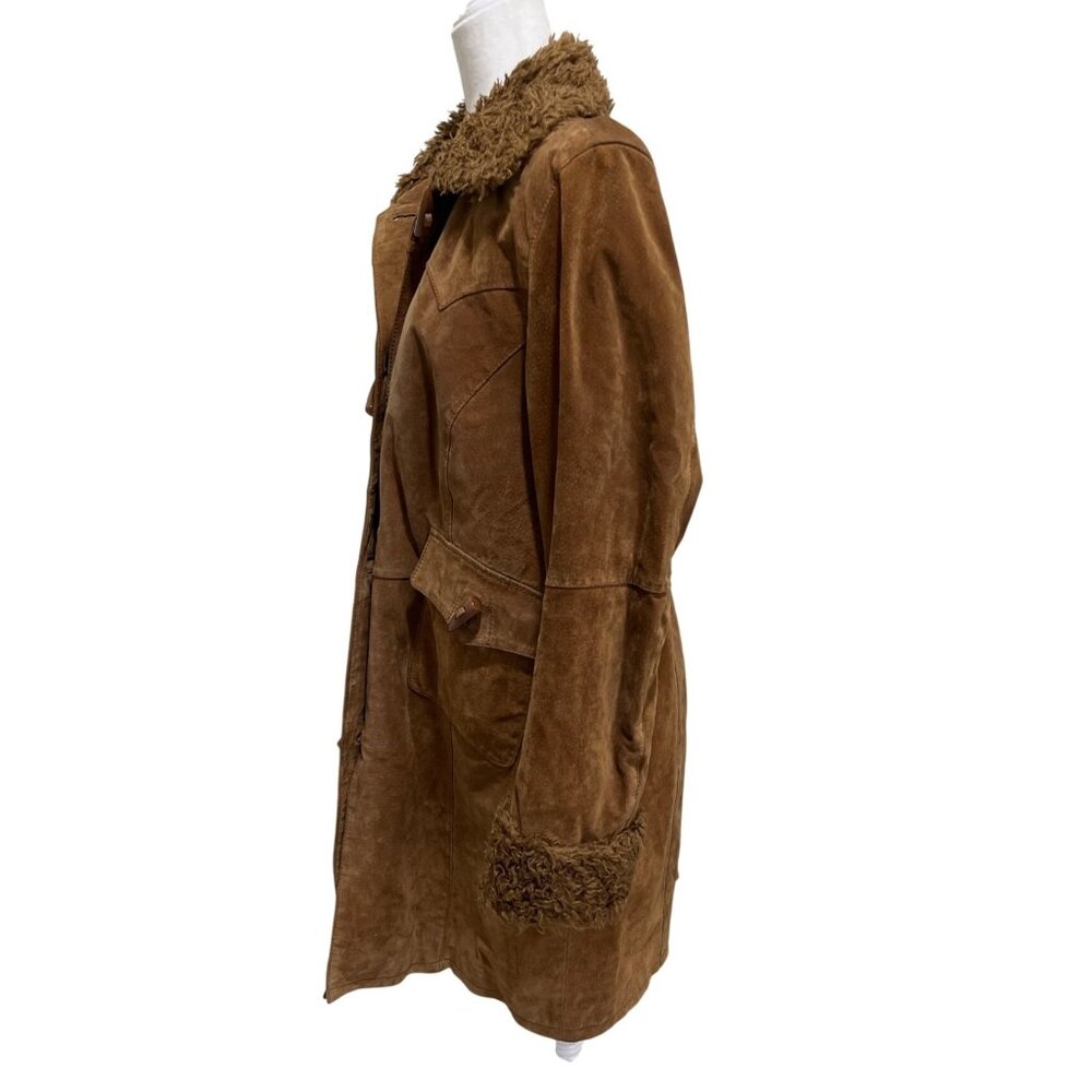 Vintage Suburbia Leather Suede Shearling Trim Coat Womens Xl Brown Toggle Button - Picture 4 of 14